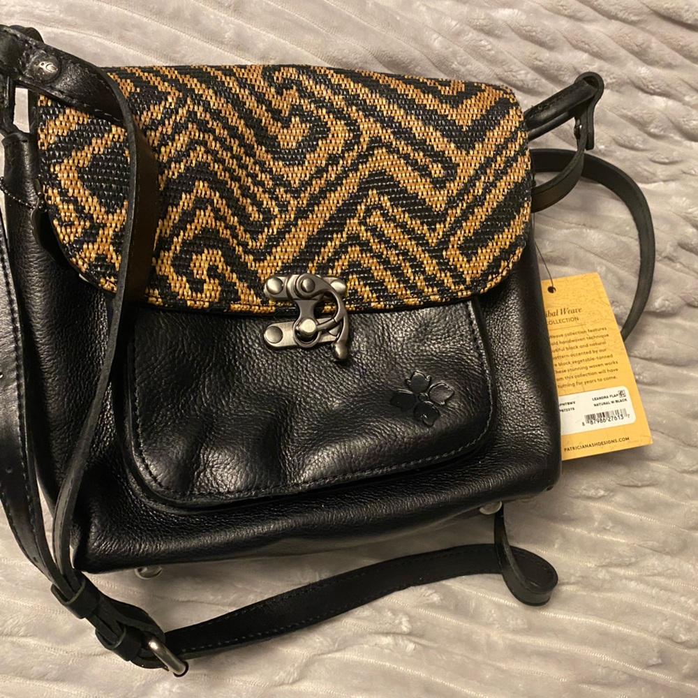 Patricia Nash Black Leather Crossbody Bag with Woven Patterned Flap